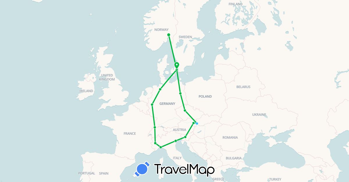 TravelMap itinerary: driving, bus, boat in Austria, Switzerland, Czech Republic, Germany, Denmark, Italy, Norway, Slovenia, Slovakia (Europe)