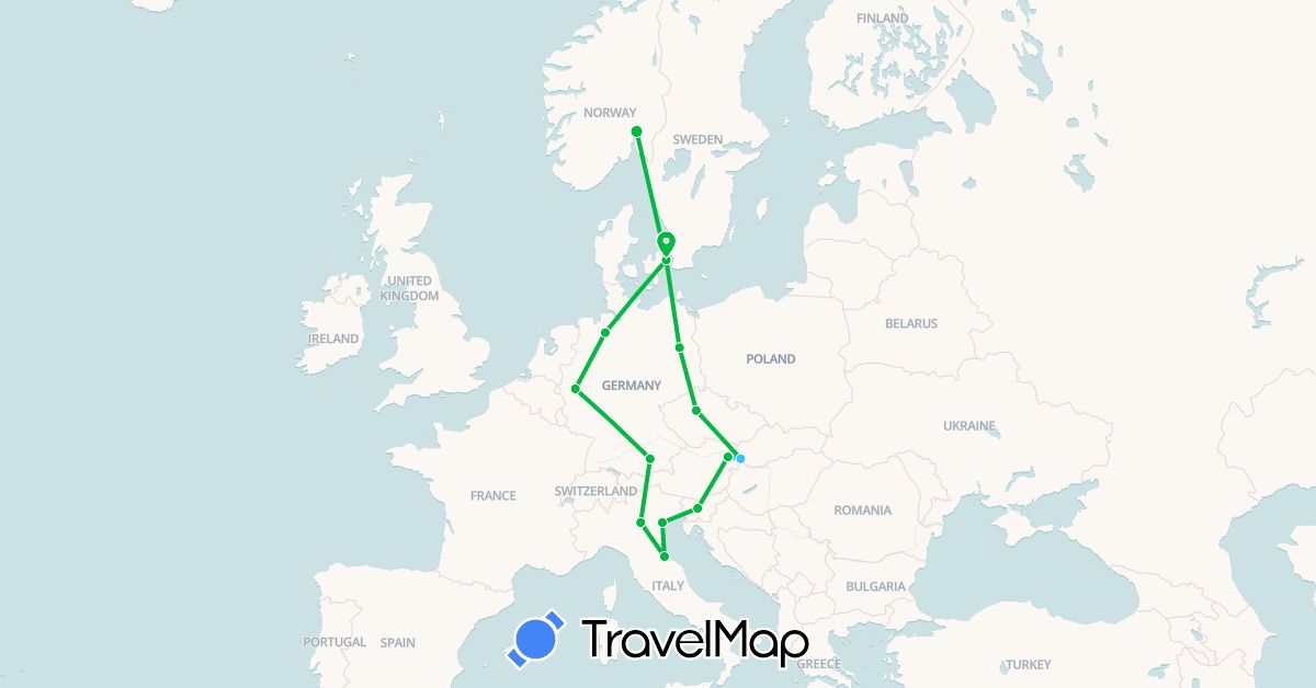 TravelMap itinerary: driving, bus, boat in Austria, Czech Republic, Germany, Denmark, Italy, Norway, Slovenia, Slovakia, San Marino (Europe)